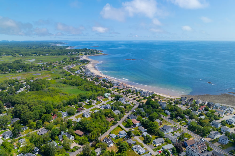 North Hampton Beach aerial view in summer including historic waterfront buildings on Ocean Boulevard in Town of Hampton, New Hampshire NH, USA.